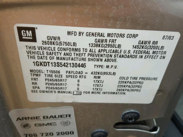 1GKDT13S542130446 - 2004 GMC ENVOY SILVER photo 10