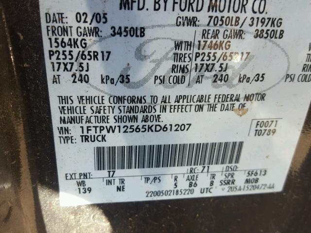 1FTPW12565KD61207 - 2005 FORD F150 SUPER GRAY photo 10