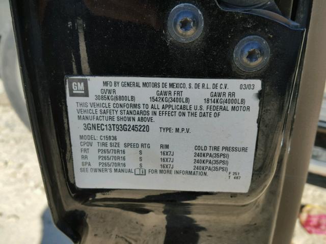 3GNEC13T93G245220 - 2003 CHEVROLET AVALANCHE BLACK photo 10