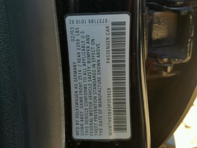 WVWTH63B93P353628 - 2003 VOLKSWAGEN PASSAT GLX 黑色 照片 10