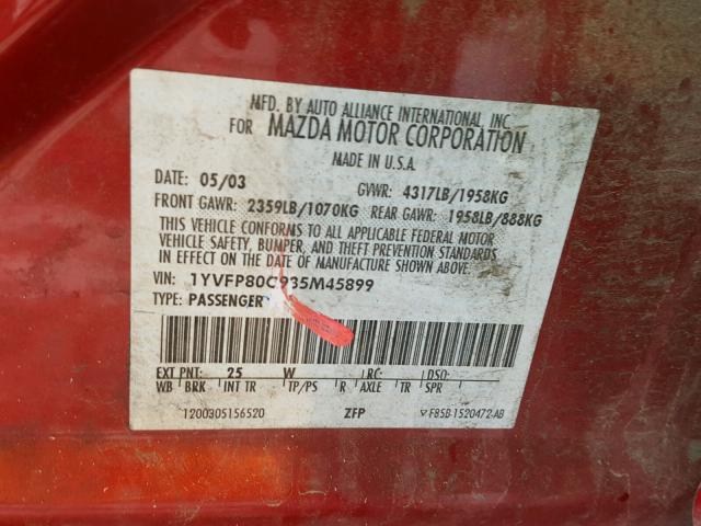 1YVFP80C935M45899 - 2003 MAZDA 6 I RED photo 10