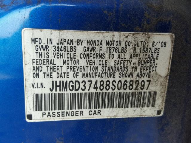 JHMGD37488S068297 - 2008 HONDA FIT BLUE photo 10