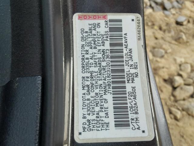 JTHBD182310013673 - 2001 LEXUS IS 300 GRAY photo 10