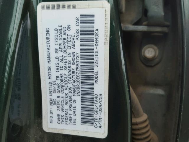 1NXBR18E62Z580737 - 2002 TOYOTA COROLLA CE GREEN photo 10