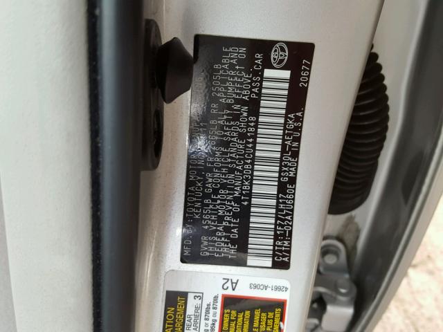 4T1BK3DB4CU441848 - 2012 TOYOTA AVALON BAS SILVER photo 10