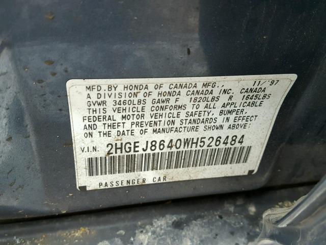 2HGEJ8640WH526484 - 1998 HONDA CIVIC EX ლურჯი ფოტო 10