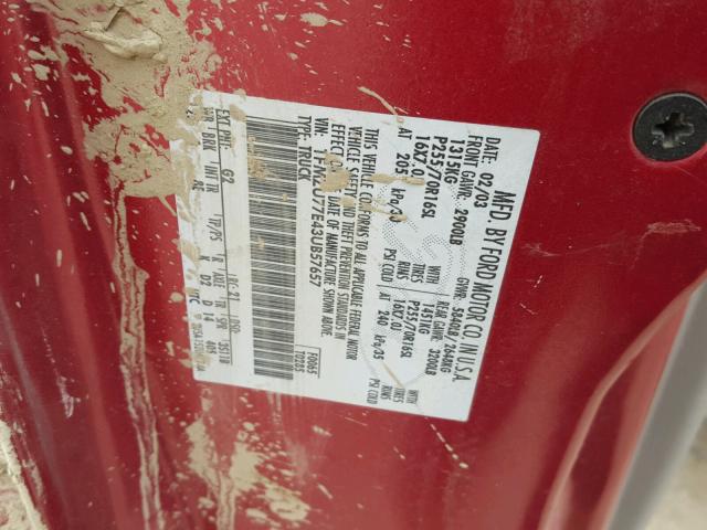 1FMZU77E43UB57657 - 2003 FORD EXPLORER S RED photo 10