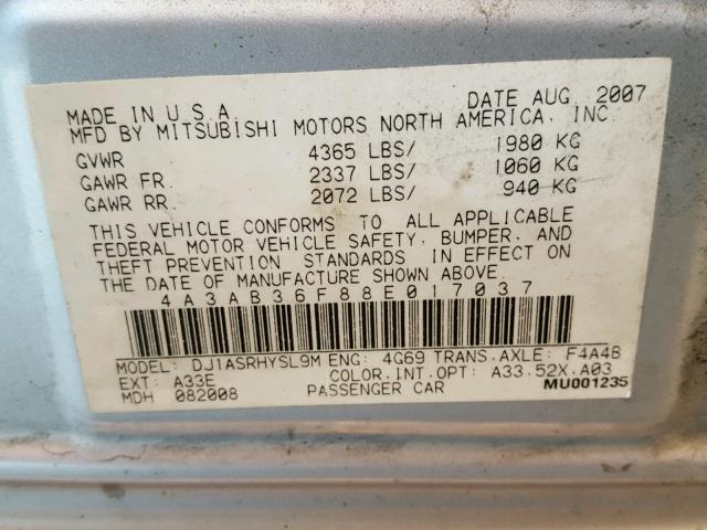 4A3AB36F88E017037 - 2008 MITSUBISHI GALANT ES SILVER photo 10