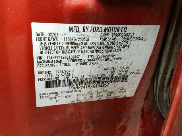 1FAHP24197G158857 - 2007 FORD FIVE HUNDR RED photo 10
