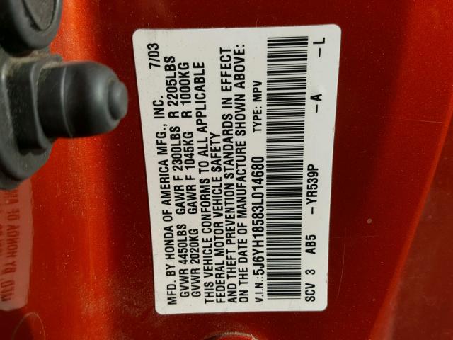 5J6YH18583L014680 - 2003 HONDA ELEMENT EX ORANGE photo 10