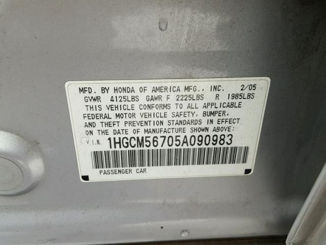 1HGCM56705A090983 - 2005 HONDA ACCORD EX SILVER photo 10