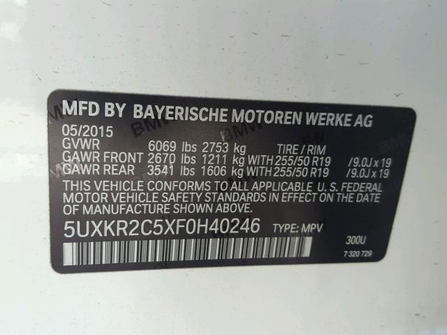 5UXKR2C5XF0H40246 - 2015 BMW X5 SDRIVE3 WHITE photo 10