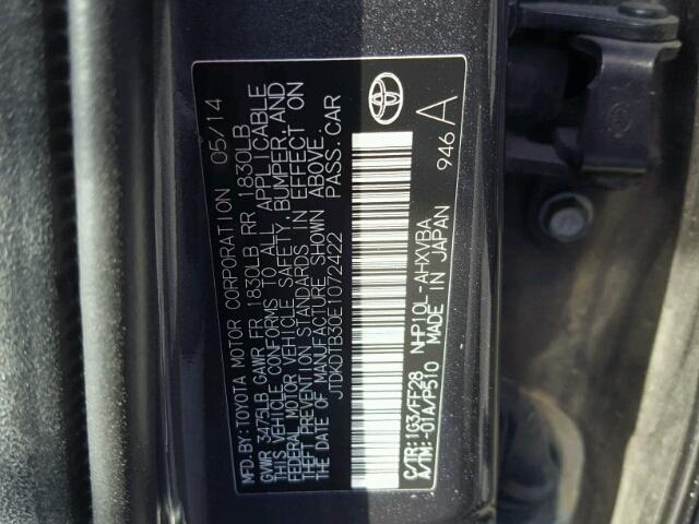 JTDKDTB30E1072422 - 2014 TOYOTA PRIUS C GRAY photo 10