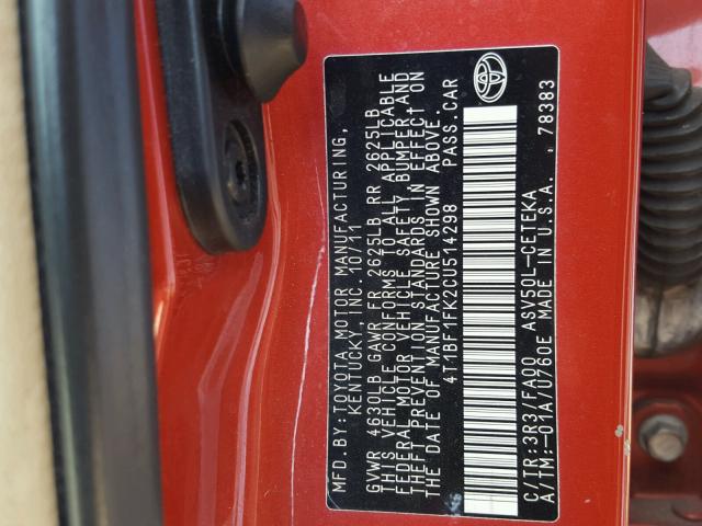 4T1BF1FK2CU514298 - 2012 TOYOTA CAMRY RED photo 10