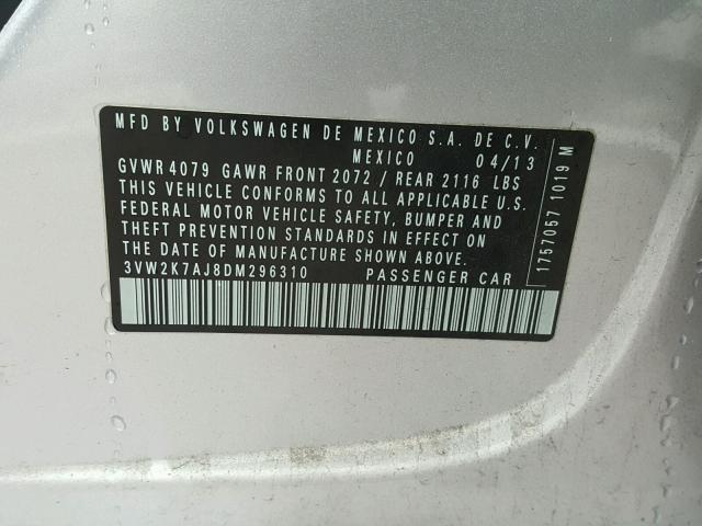 3VW2K7AJ8DM296310 - 2013 VOLKSWAGEN JETTA BASE 银色 照片 10