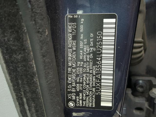 5UXFA13564LU25150 - 2004 BMW X5 3.0I BLUE photo 10