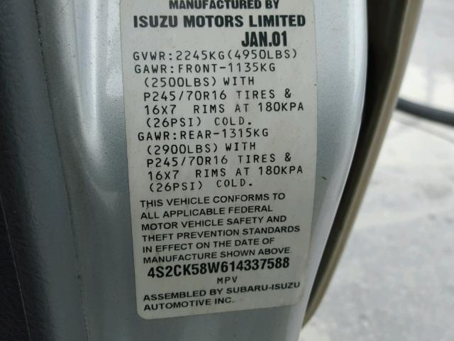 4S2CK58W614337588 - 2001 ISUZU RODEO S SILVER photo 10