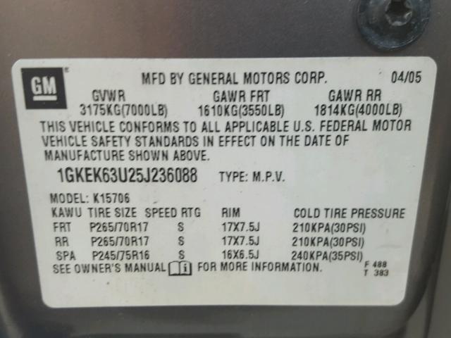 1GKEK63U25J236088 - 2005 GMC YUKON DENA SILVER photo 10