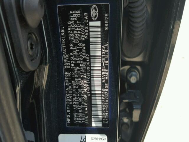 4T1BF1FK6FU936482 - 2015 TOYOTA CAMRY LE შავი ფოტო 10