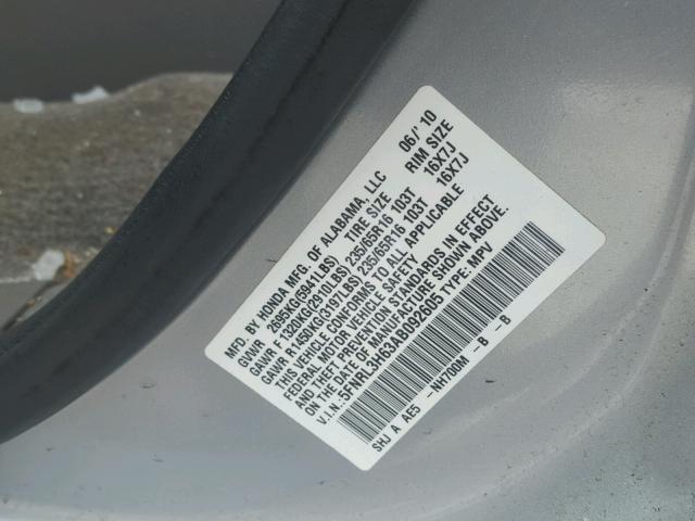 5FNRL3H63AB092605 - 2010 HONDA ODYSSEY EX SILVER photo 10