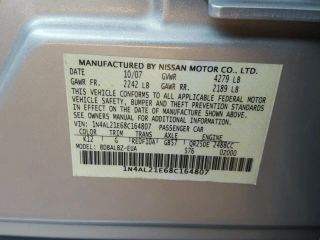 1N4AL21E68C164807 - 2008 NISSAN ALTIMA 2.5 SILVER photo 10