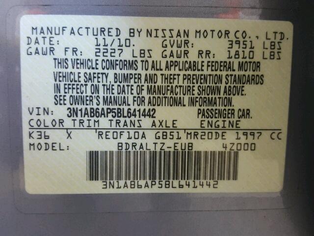 3N1AB6AP5BL641442 - 2011 NISSAN SENTRA 2.0 SILVER photo 10