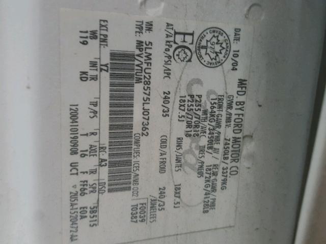 5LMFU28575LJ07362 - 2005 LINCOLN NAVIGATOR WHITE photo 10