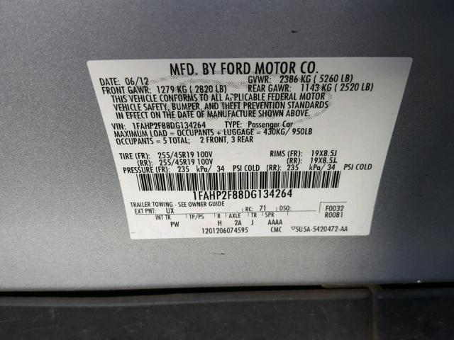 1FAHP2F88DG134264 - 2013 FORD TAURUS LIM SILVER photo 10