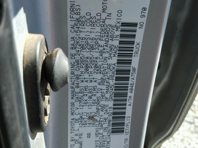 3TMLU42N78M019218 - 2008 TOYOTA TACOMA DOU SILVER photo 10