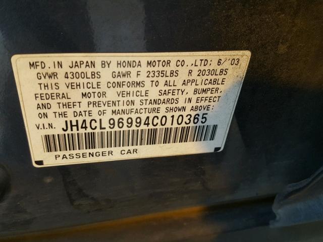 JH4CL96994C010365 - 2004 ACURA TSX GRAY photo 10