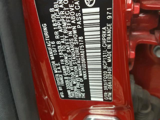 VNKKTUD36HA075178 - 2017 TOYOTA YARIS L RED photo 10