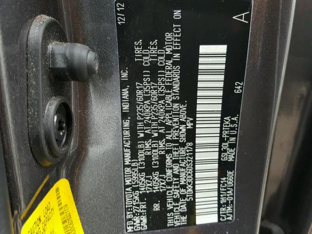 5TDKK3DC6DS321178 - 2013 TOYOTA SIENNA LE GRAY photo 10