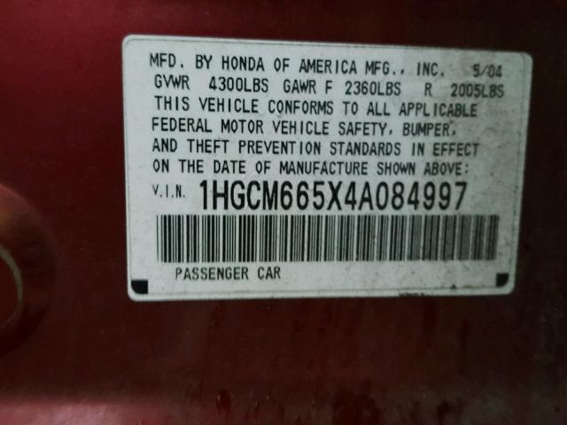 1HGCM665X4A084997 - 2004 HONDA ACCORD EX RED photo 10