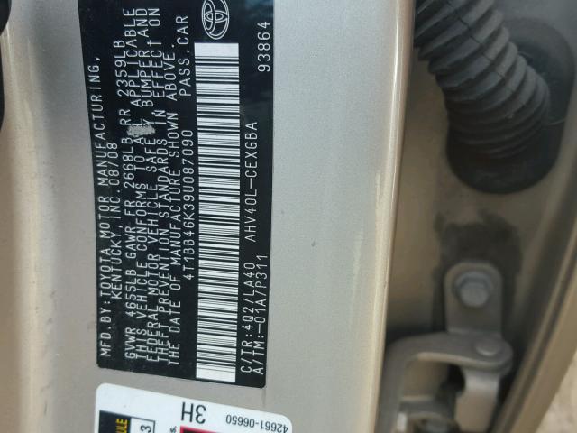 4T1BB46K39U087090 - 2009 TOYOTA CAMRY HYBR BEIGE photo 10