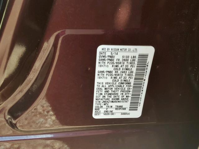 JN8AZ1MU8EW415797 - 2014 NISSAN MURANO S BURGUNDY photo 10