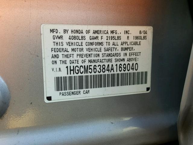 1HGCM56384A169040 - 2004 HONDA ACCORD LX SILVER photo 10