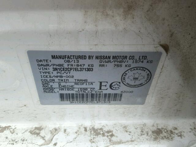 3N1CE2CP7EL371303 - 2014 NISSAN VERSA NOTE WHITE photo 10