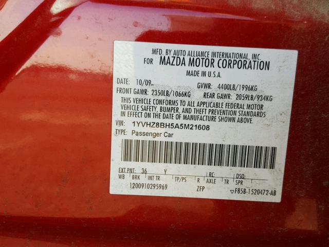 1YVHZ8BH5A5M21608 - 2010 MAZDA 6 I RED photo 10