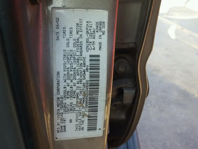 JT3GN86R620249060 - 2002 TOYOTA 4RUNNER SR TAN photo 10