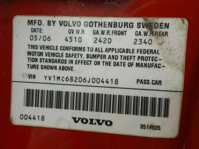 YV1MC68206J004418 - 2006 VOLVO C70 T5 RED photo 10