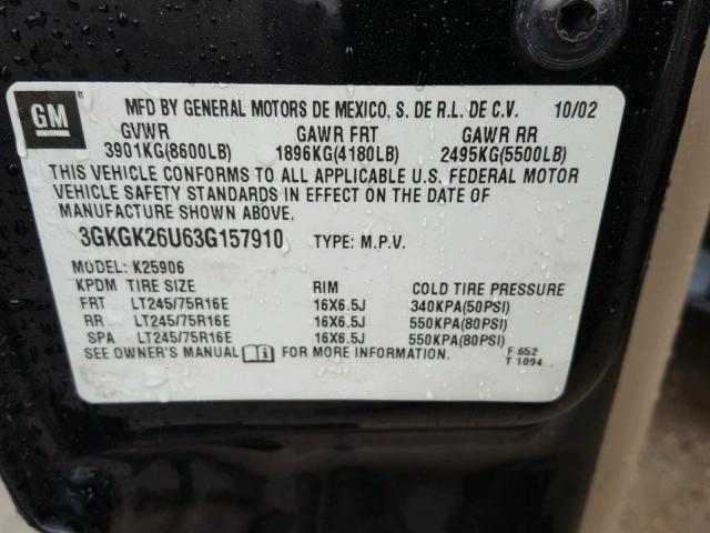 3GKGK26U63G157910 - 2003 GMC YUKON XL K BLACK photo 10