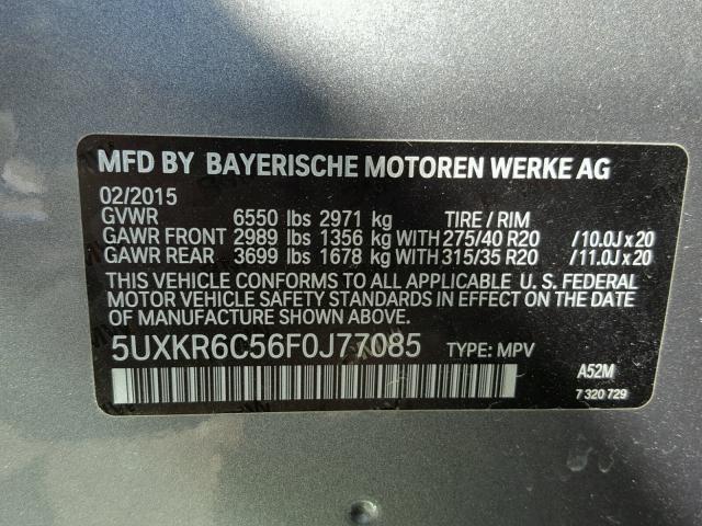 5UXKR6C56F0J77085 - 2015 BMW X5 XDRIVE5 SILVER photo 10