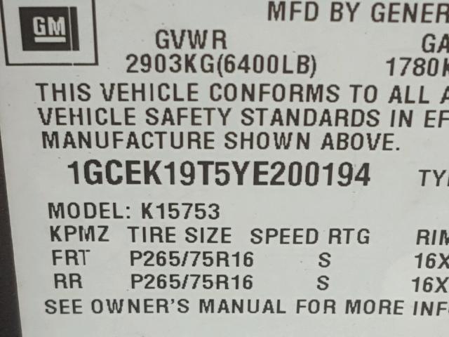 1GCEK19T5YE200194 - 2000 CHEVROLET SILVERADO GRAY photo 10