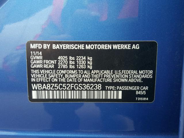 WBA8Z5C52FGS36238 - 2015 BMW 328 XIGT BLUE photo 10