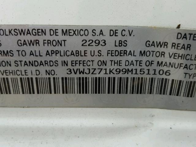 3VWJZ71K99M151106 - 2009 VOLKSWAGEN JETTA S 白色 照片 10