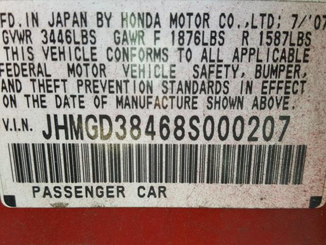 JHMGD38468S000207 - 2008 HONDA FIT RED photo 10