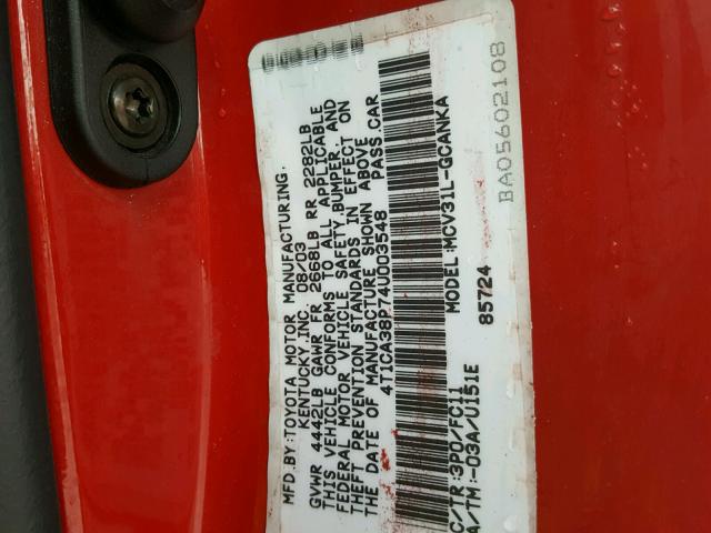 4T1CA38P74U003548 - 2004 TOYOTA CAMRY SOLA RED photo 10