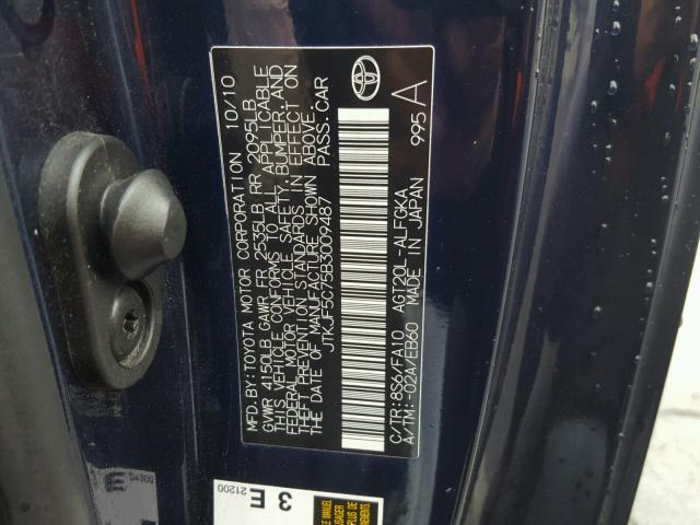 JTKJF5C75B3009487 - 2011 TOYOTA SCION TC 蓝色 照片 10