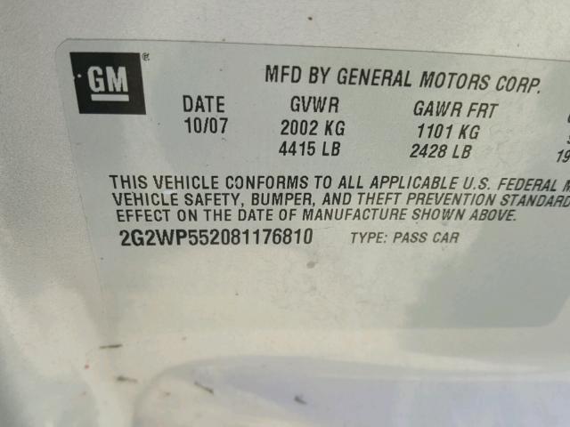 2G2WP552081176810 - 2008 PONTIAC GRAND PRIX ვერცხლისფერი ფოტო 10