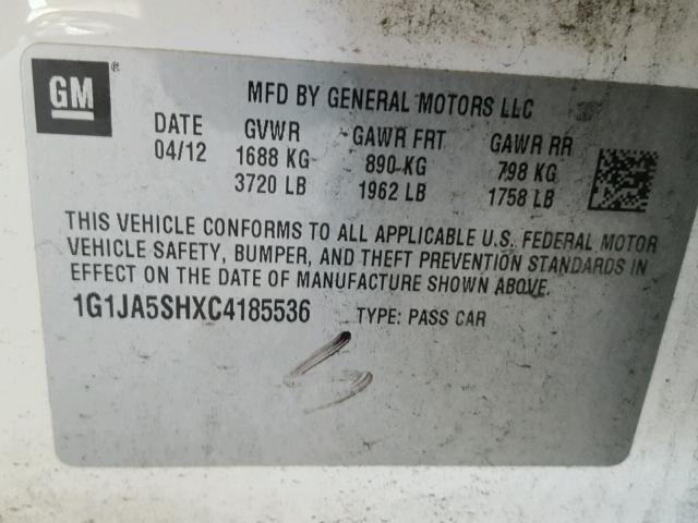 1G1JA5SHXC4185536 - 2012 CHEVROLET SONIC LS თეთრი ფოტო 10